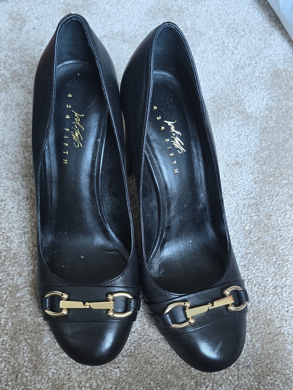 424 Fifth Lord & Taylor Black Leather Gold Bit Pumps Heels